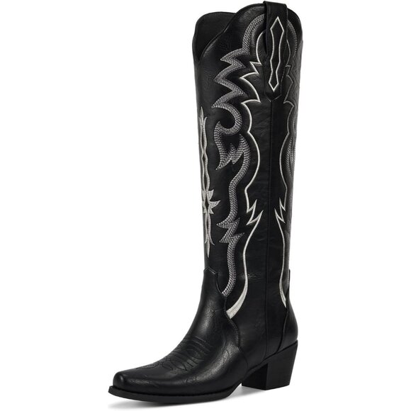 ⚡Women Matte Black Faux Leather Cowgirl  Knee High Chunky Heel Pointed Toe Boots - Picture 1 of 6